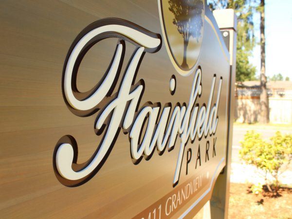 Sandblasted and routed sign "Fairfield Park"